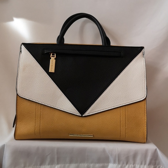 Exceptional NWT Steve Madden Briefcase Style Purse Yellow Black White w/ Strap - Picture 8 of 8